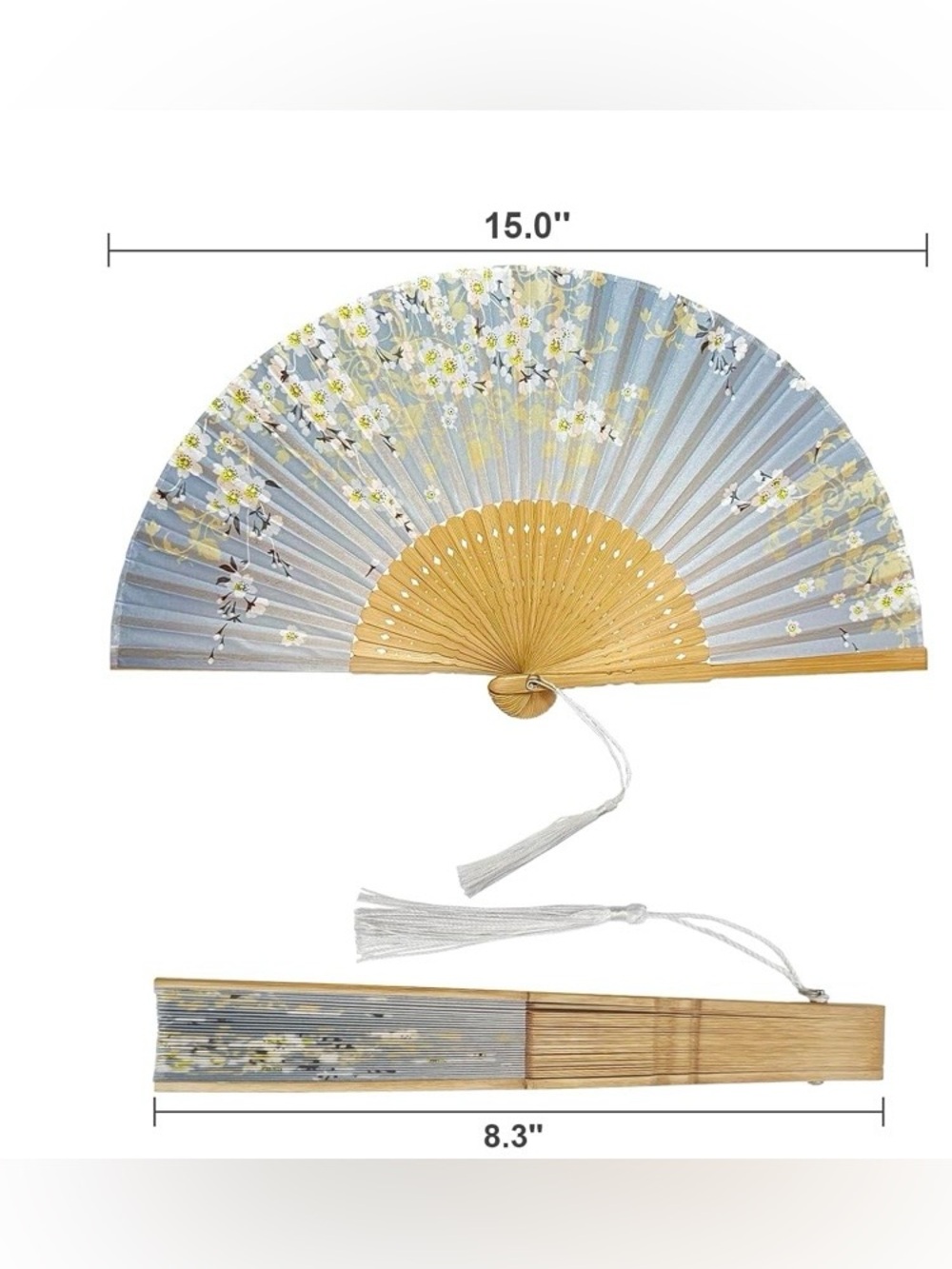 Traditional Handheld Folding Bamboo and Fabric Fan Light Grey Floral